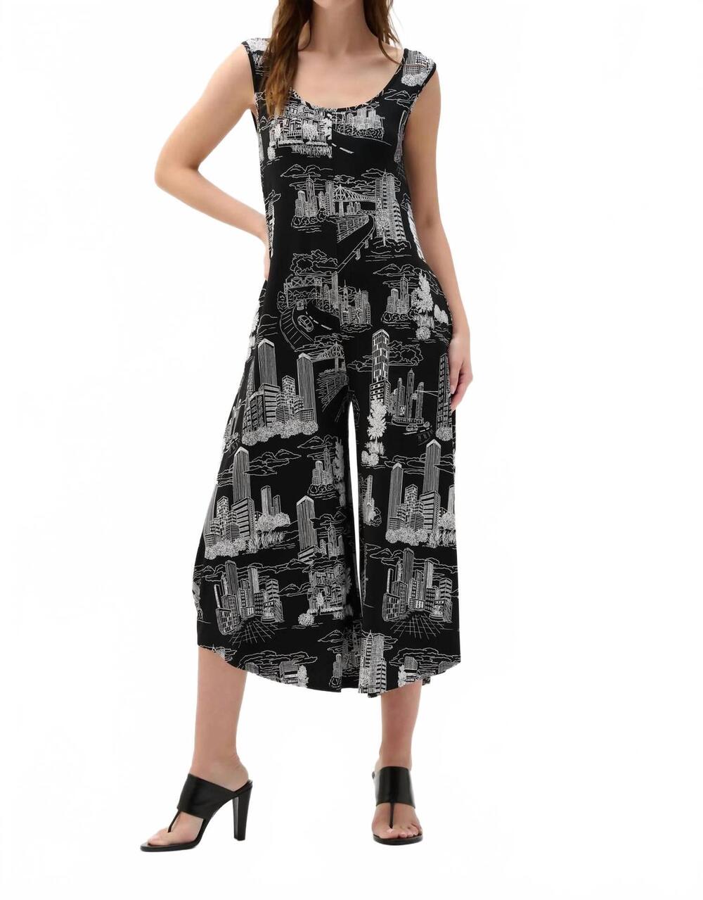 NEW JOSEPH RIBKOFF printed sleeveless culotte jumpsuit in black/vanilla